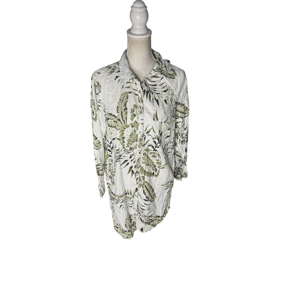 C&C California Womens Long Sleeve 100% Linen Floral Button Down Summer Sz L